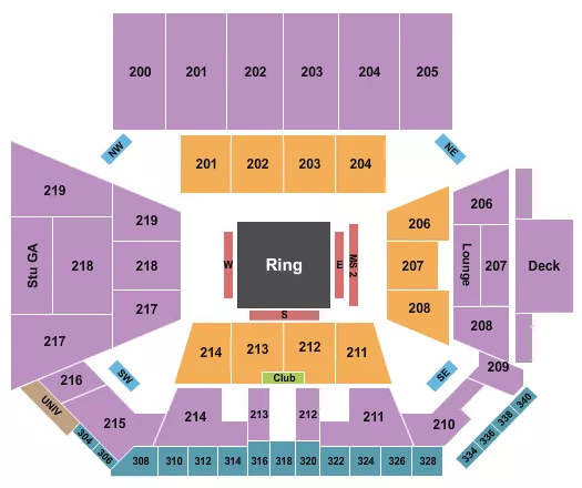 Wrestling Seating Chart at First Bank and Trust Arena. The chart shows the main floor/stage with seating options surrounding it, which are color coded