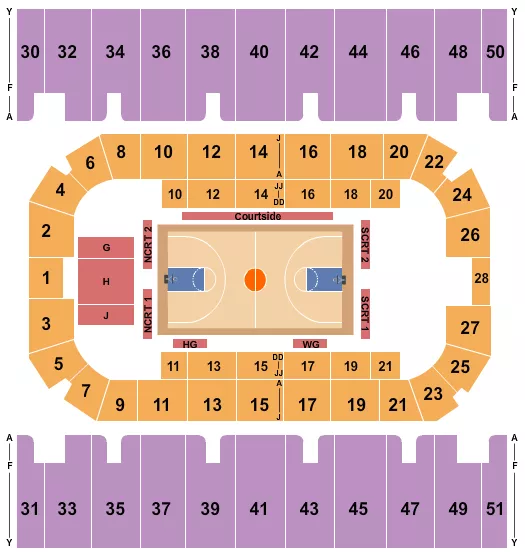 Basketball - Globetrotters Seating Chart at First Interstate Arena. The chart shows the main floor/stage with seating options surrounding it, which are color coded