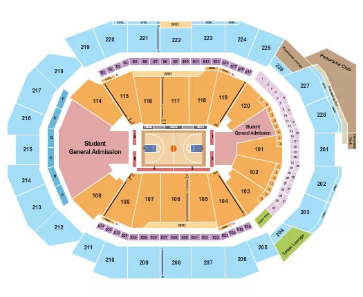 Basketball - College Seating Chart at Fiserv Forum. The chart shows the main floor/stage with seating options surrounding it, which are color coded