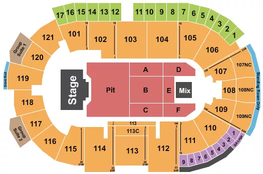 Billy Strings Seating Chart at Fishers Event Center. The chart shows the main floor/stage with seating options surrounding it, which are color coded