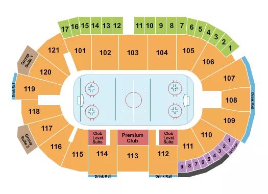 Hockey Seating Chart at Fishers Event Center. The chart shows the main floor/stage with seating options surrounding it, which are color coded