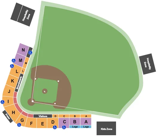 Baseball Seating Chart at Hanover Insurance Park at Fitton Field. The chart shows the main floor/stage with seating options surrounding it, which are color coded
