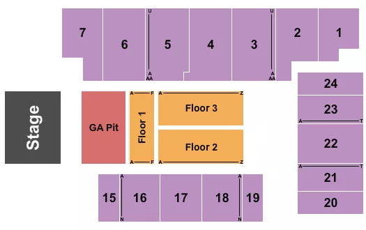 Endstage GA Pit/RSV Seating Chart at Five Flags Center - Arena. The chart shows the main floor/stage with seating options surrounding it, which are color coded