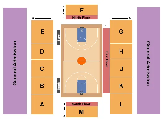 Basketball Seating Chart at Eleanor R. Baldwin Arena. The chart shows the main floor/stage with seating options surrounding it, which are color coded