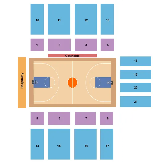 Basketball Seating Chart at CB&S Bank Arena at Flowers Hall. The chart shows the main floor/stage with seating options surrounding it, which are color coded