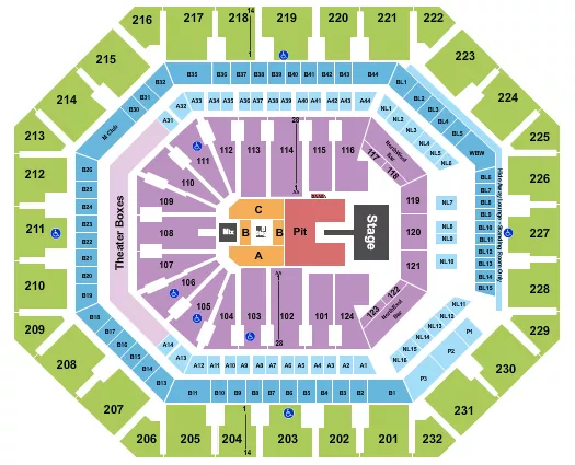 Alex Warren Seating Chart at Mortgage Matchup Center. The chart shows the main floor/stage with seating options surrounding it, which are color coded
