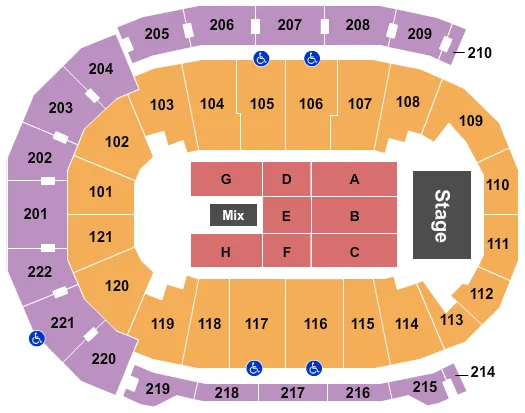 Alabama Seating Chart at Ford Center. The chart shows the main floor/stage with seating options surrounding it, which are color coded