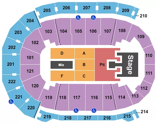 Bailey Zimmerman Seating Chart at Ford Center. The chart shows the main floor/stage with seating options surrounding it, which are color coded