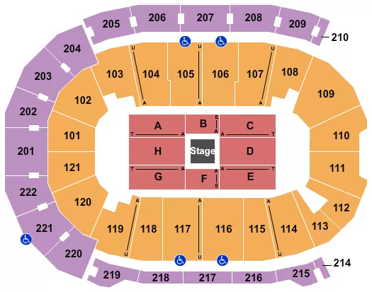 Center Stage Seating Chart at Ford Center. The chart shows the main floor/stage with seating options surrounding it, which are color coded