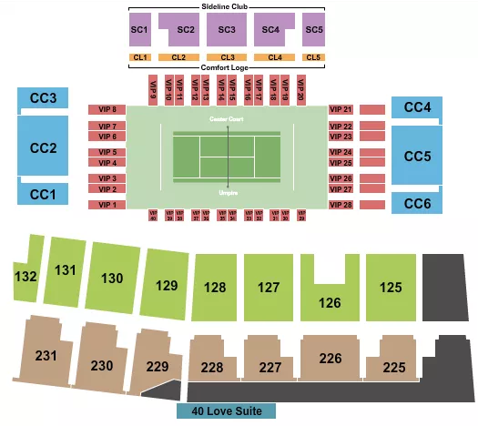 Tennis Seating Chart at Ford Center At The Star. The chart shows the main floor/stage with seating options surrounding it, which are color coded