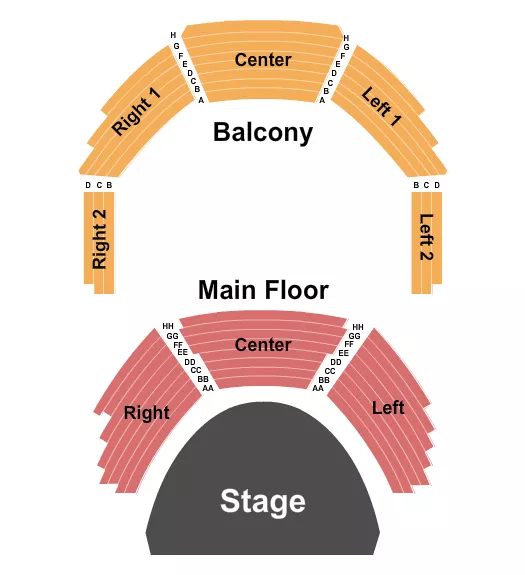 Endstage Seating Chart at Ford Family Recital Hall At DeYor PAC. The chart shows the main floor/stage with seating options surrounding it, which are color coded