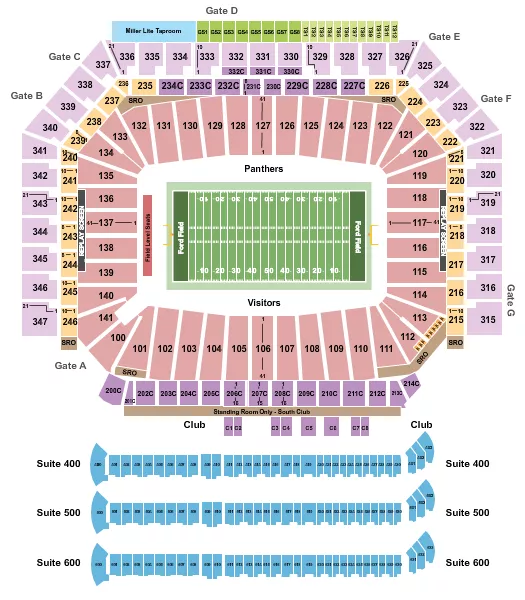 Football - Michigan Panthers Seating Chart at Ford Field. The chart shows the main floor/stage with seating options surrounding it, which are color coded