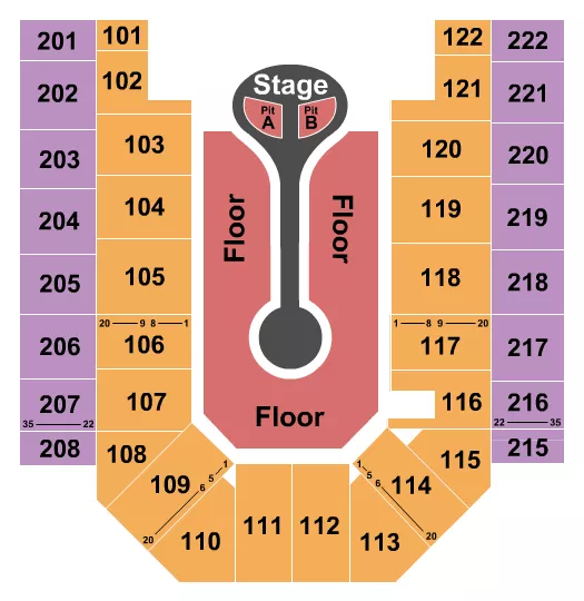 Benson Boone Seating Chart at Ford Wyoming Center. The chart shows the main floor/stage with seating options surrounding it, which are color coded