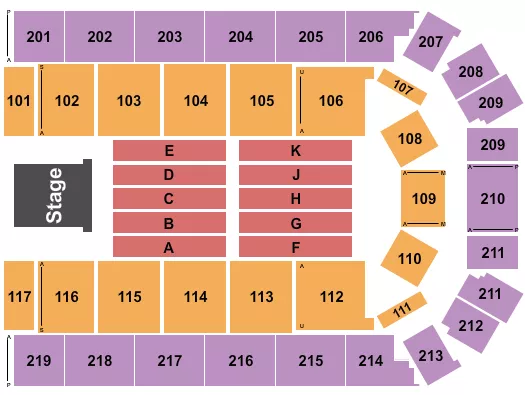 Endstage RSV Seating Chart at Fort Bend County Epicenter. The chart shows the main floor/stage with seating options surrounding it, which are color coded