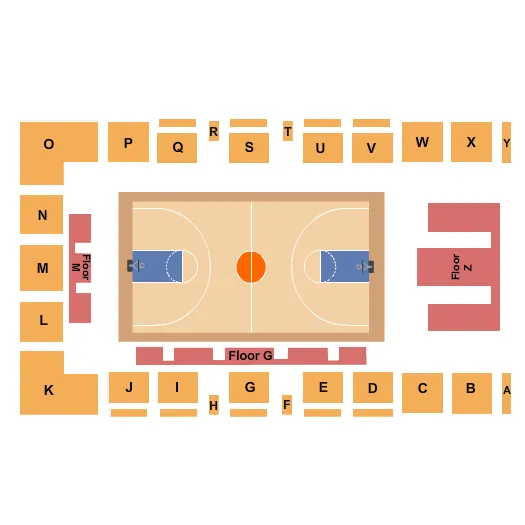 Volleyball Seating Chart at Foster Auditorium. The chart shows the main floor/stage with seating options surrounding it, which are color coded