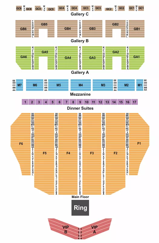 Boxing VIP Seating Chart at Fox Theatre. The chart shows the main floor/stage with seating options surrounding it, which are color coded