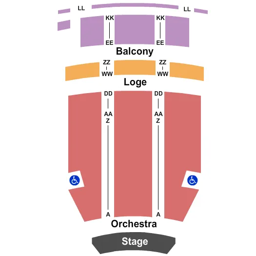 End Stage Seating Chart at Fox Tucson Theatre. The chart shows the main floor/stage with seating options surrounding it, which are color coded