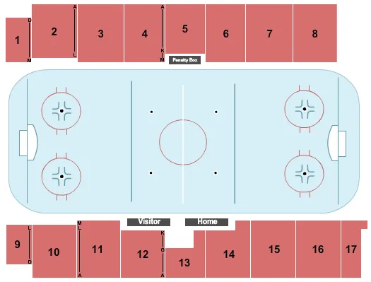 Hockey Seating Chart at Frank Crane Arena. The chart shows the main floor/stage with seating options surrounding it, which are color coded