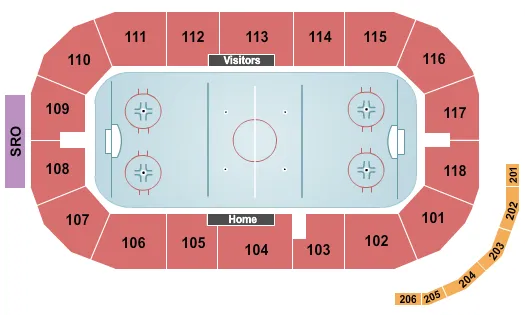 Hockey Seating Chart at Frank Perrotti Jr. Arena at M&T Bank Arena. The chart shows the main floor/stage with seating options surrounding it, which are color coded