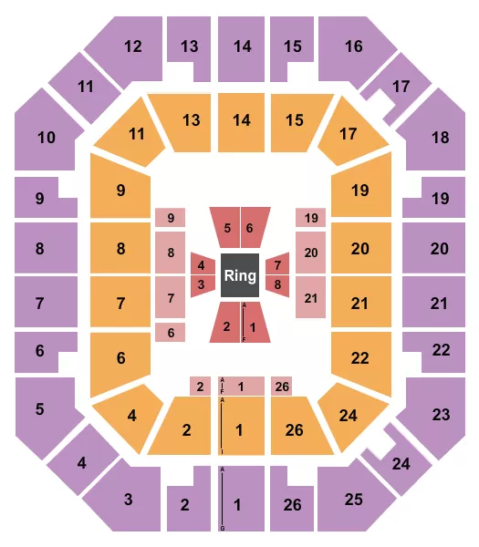 Boxing Seating Chart at Freedom Hall Civic Center. The chart shows the main floor/stage with seating options surrounding it, which are color coded