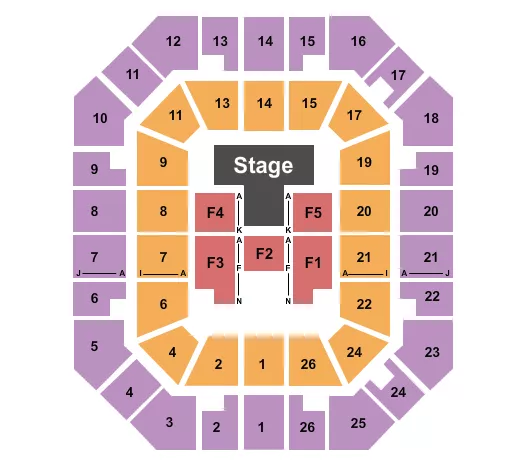 Endstage Catwalk Seating Chart at Freedom Hall Civic Center. The chart shows the main floor/stage with seating options surrounding it, which are color coded