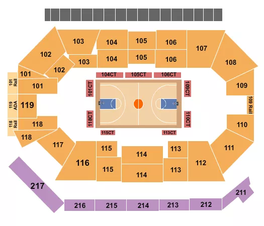Basketball 2 Seating Chart at Frontwave Arena. The chart shows the main floor/stage with seating options surrounding it, which are color coded