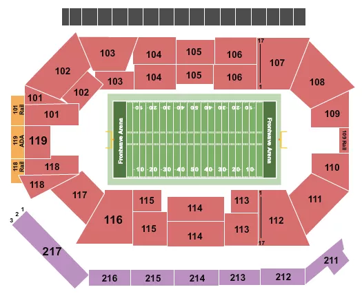 Football 2 Seating Chart at Frontwave Arena. The chart shows the main floor/stage with seating options surrounding it, which are color coded