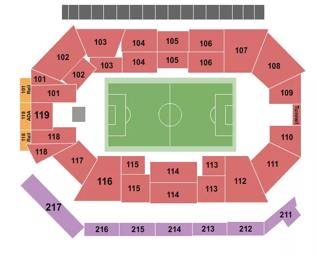 Soccer Seating Chart at Frontwave Arena. The chart shows the main floor/stage with seating options surrounding it, which are color coded