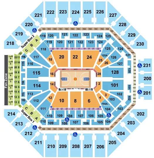 Basketball Seating Chart at Frost Bank Center. The chart shows the main floor/stage with seating options surrounding it, which are color coded