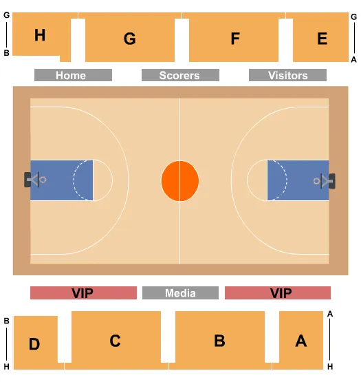 Basketball Seating Chart at G.B. Hodge Center. The chart shows the main floor/stage with seating options surrounding it, which are color coded
