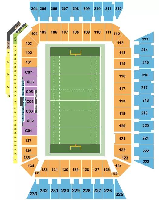 Rugby Seating Chart at Geodis Park. The chart shows the main floor/stage with seating options surrounding it, which are color coded