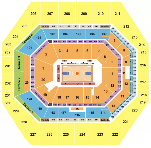 Basketball - High School Seating Chart at Gainbridge Fieldhouse. The chart shows the main floor/stage with seating options surrounding it, which are color coded