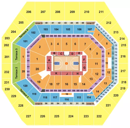 Basketball 1 Seating Chart at Gainbridge Fieldhouse. The chart shows the main floor/stage with seating options surrounding it, which are color coded