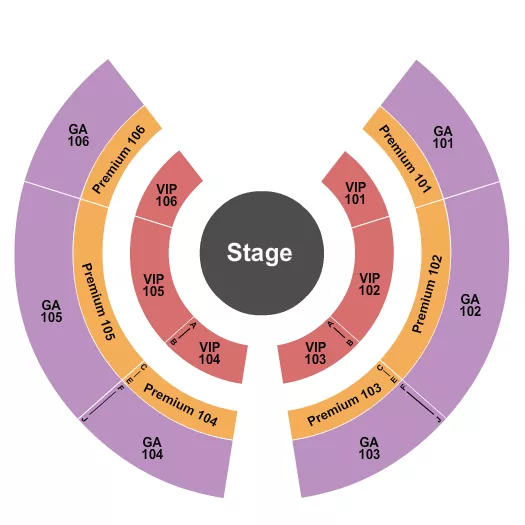 Garden Bros Nuclear Circus Seating Chart at Rolling Oaks Mall. The chart shows the main floor/stage with seating options surrounding it, which are color coded