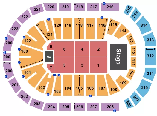 Andrea Bocelli Seating Chart at Gas South Arena. The chart shows the main floor/stage with seating options surrounding it, which are color coded