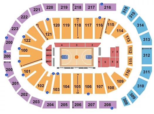 Basketball - ACC Seating Chart at Gas South Arena. The chart shows the main floor/stage with seating options surrounding it, which are color coded
