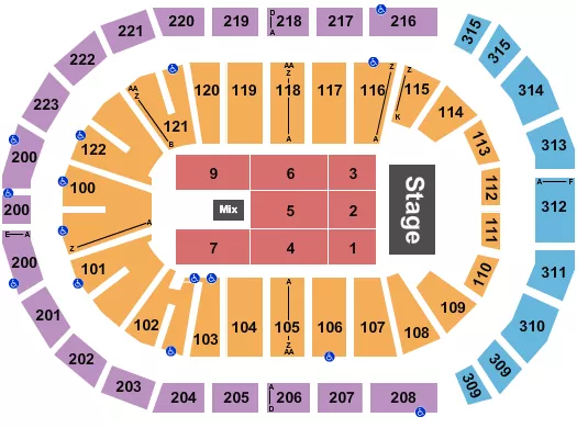Bert Kreischer Seating Chart at Gas South Arena. The chart shows the main floor/stage with seating options surrounding it, which are color coded