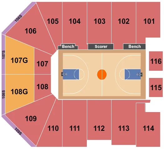 Basketball Seating Chart at Gateway Center Arena At College Park. The chart shows the main floor/stage with seating options surrounding it, which are color coded