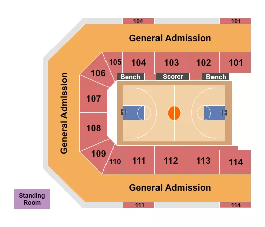Basketball 3 Seating Chart at Gateway Center Arena At College Park. The chart shows the main floor/stage with seating options surrounding it, which are color coded