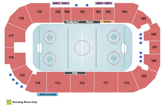 Hockey Seating Chart at Gene Polisseni Center At Rochester Institute of Technology. The chart shows the main floor/stage with seating options surrounding it, which are color coded