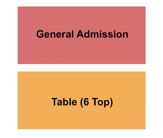 GA/Table For 6 Seating Chart at Bowstring Burgers and Brewyard. The chart shows the main floor/stage with seating options surrounding it, which are color coded