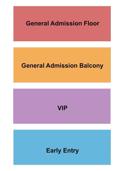 GA Floor/GA Balc/VIP/Early Seating Chart at Lake Geneva Christian Center. The chart shows the main floor/stage with seating options surrounding it, which are color coded