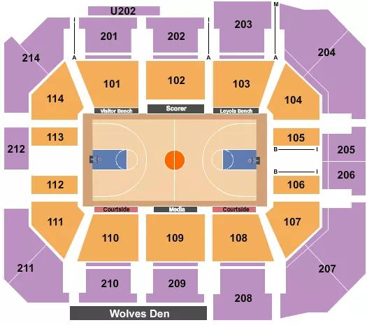 Basketball Seating Chart at Gentile Center. The chart shows the main floor/stage with seating options surrounding it, which are color coded