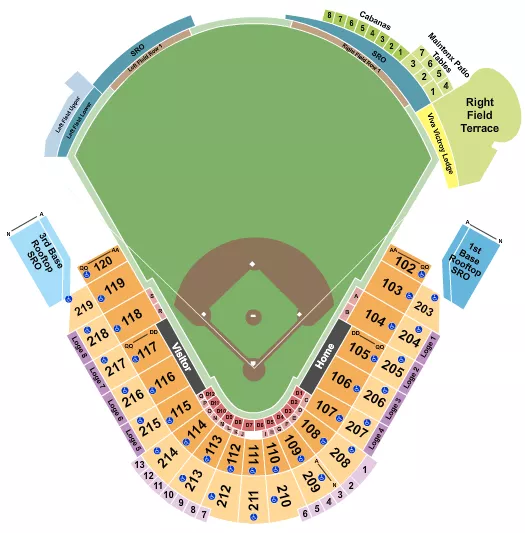Baseball 2 Seating Chart at George M. Steinbrenner Field. The chart shows the main floor/stage with seating options surrounding it, which are color coded