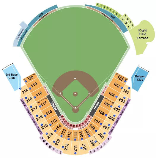 Baseball Seating Chart at George M. Steinbrenner Field. The chart shows the main floor/stage with seating options surrounding it, which are color coded