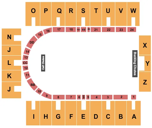 Rodeo Seating Chart at Georgia National Fairgrounds. The chart shows the main floor/stage with seating options surrounding it, which are color coded