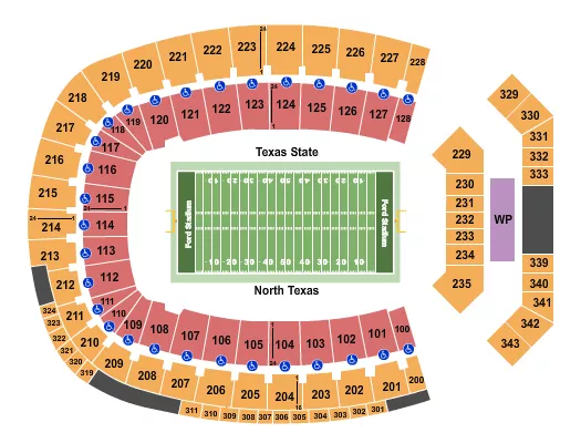 First Responder Bowl Seating Chart at Gerald J. Ford Stadium. The chart shows the main floor/stage with seating options surrounding it, which are color coded