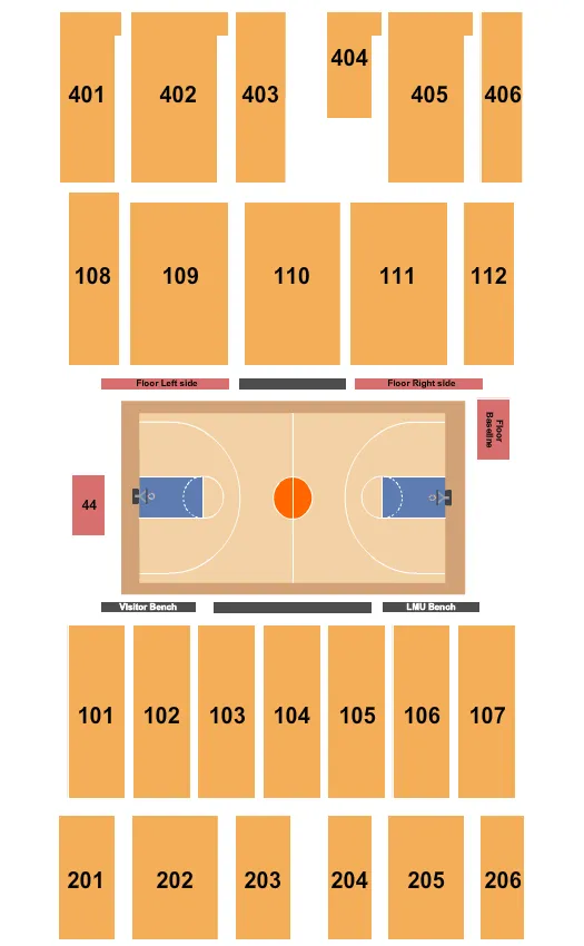 Basketball 2 Seating Chart at Gersten Pavilion. The chart shows the main floor/stage with seating options surrounding it, which are color coded