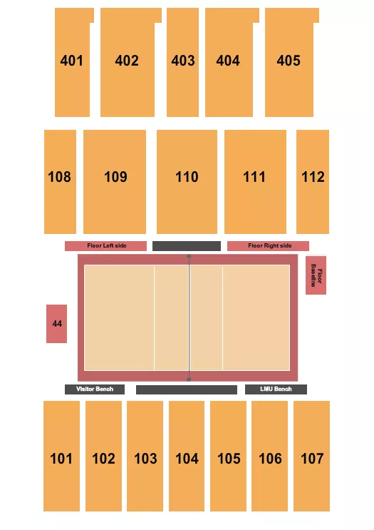 Volleyball Seating Chart at Gersten Pavilion. The chart shows the main floor/stage with seating options surrounding it, which are color coded