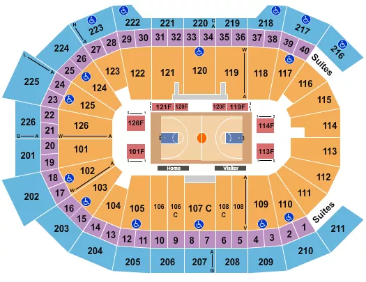 Basketball 3 Seating Chart at Giant Center. The chart shows the main floor/stage with seating options surrounding it, which are color coded